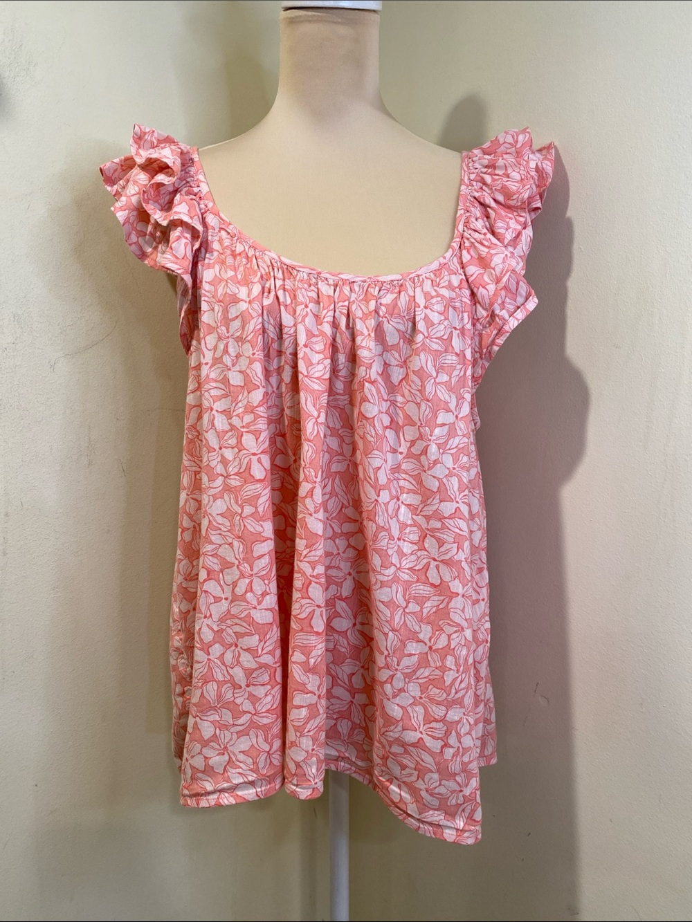 GAP Coral Pink Floral Ruffle-Sleeve Tunic Top Sz L